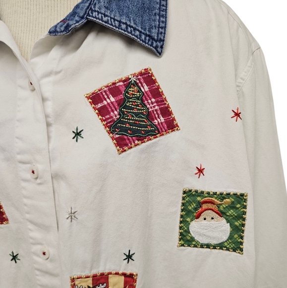 Christmas Embroidered Patchwork Long Sleeve Button Up in White Cotton Sz 3x - Picture 3 of 8